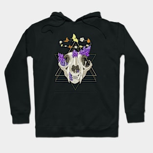 Cat Skull with Crystals, Butterflies, and Geometric Accents on Black Hoodie